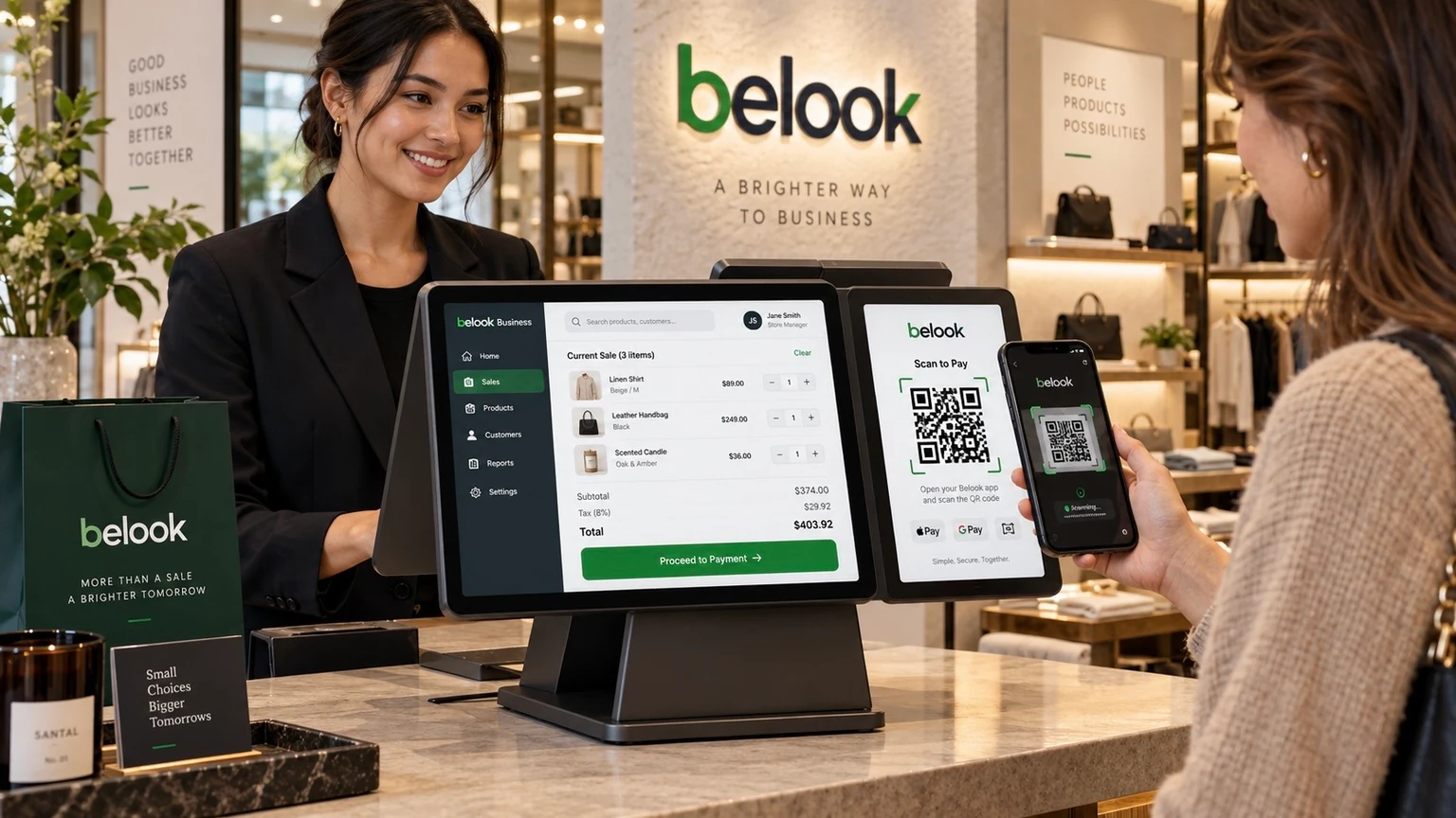 Une commerçante et sa cliente devant une caisse Belook en boutique