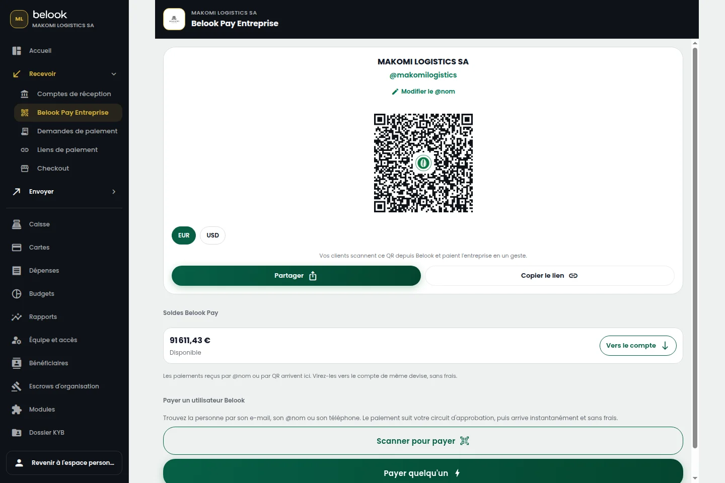 Interface réelle Belook Business : Belook Pay · Bpay, Makomi Logistics SA