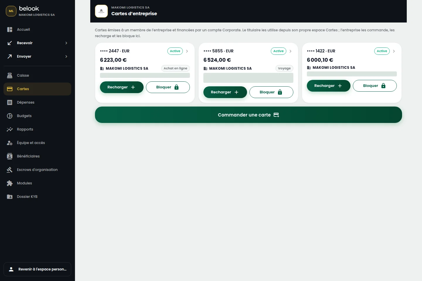 Interface réelle Belook Business : Cartes Business, Makomi Logistics SA