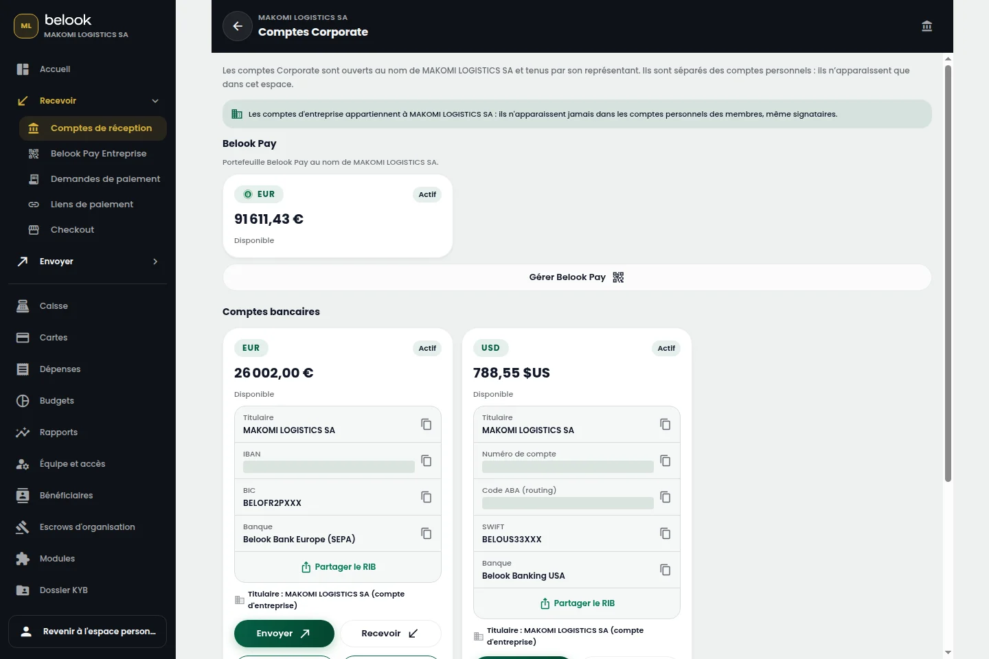 Interface réelle Belook Business : Comptes en devises, Makomi Logistics SA
