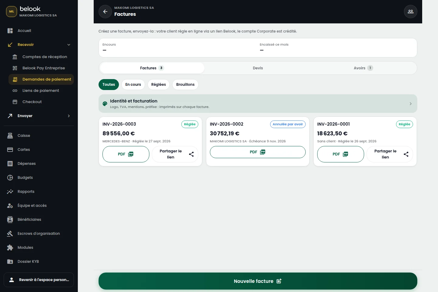Interface réelle Belook Business : Factures & devis, Makomi Logistics SA