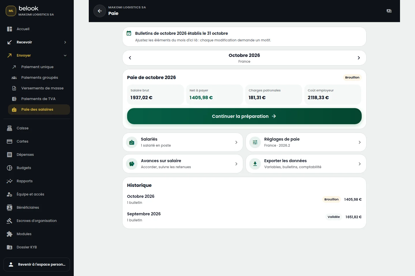 Interface réelle Belook Business : Paie, Makomi Logistics SA