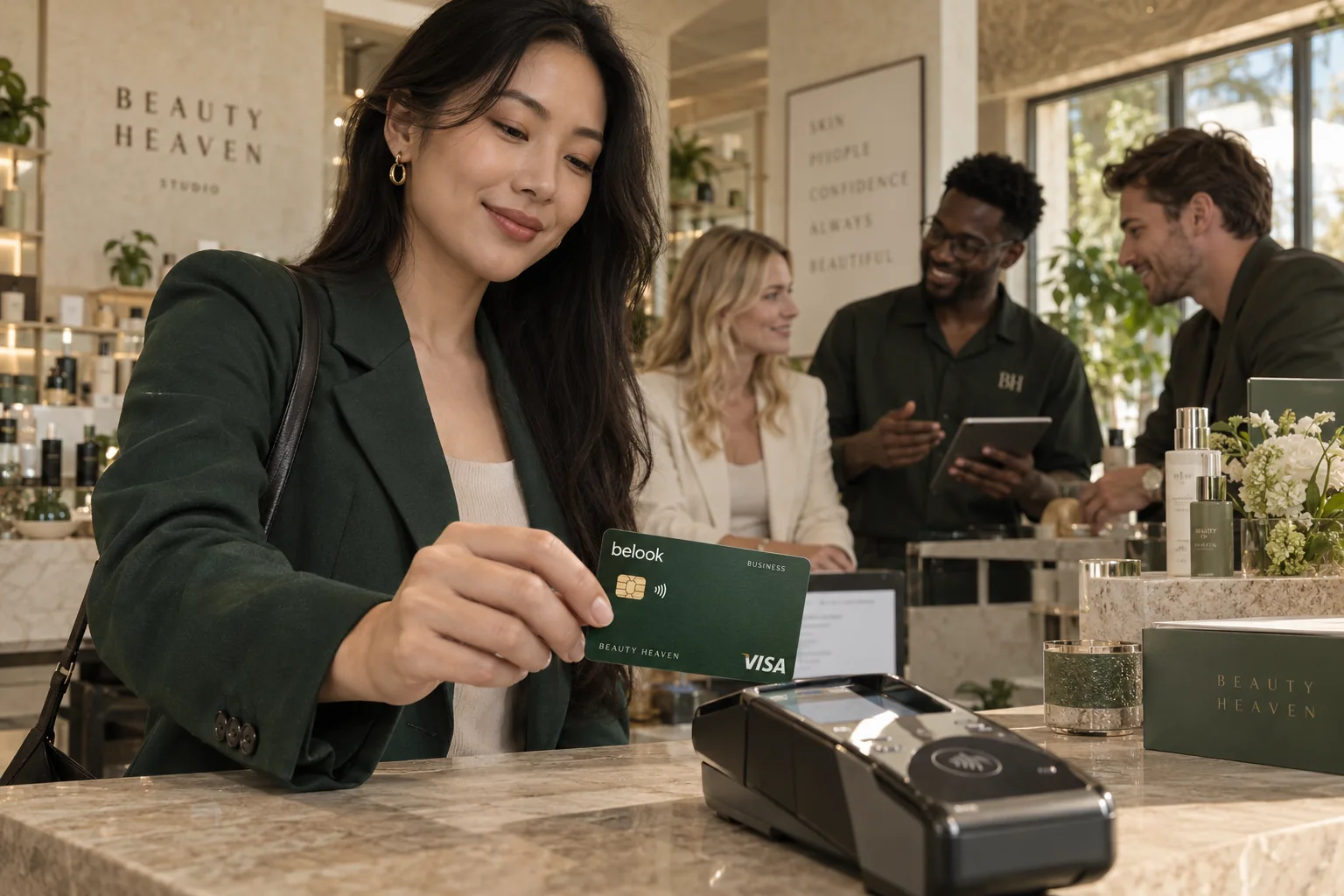 Entrepreneuse chinoise présentant sa carte Belook auprès d’une équipe et de clients d’origines variées